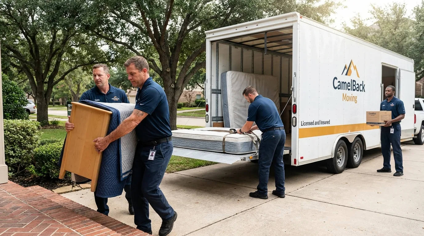 Crew loading residential truck for cross-state move from Heavener, OK
