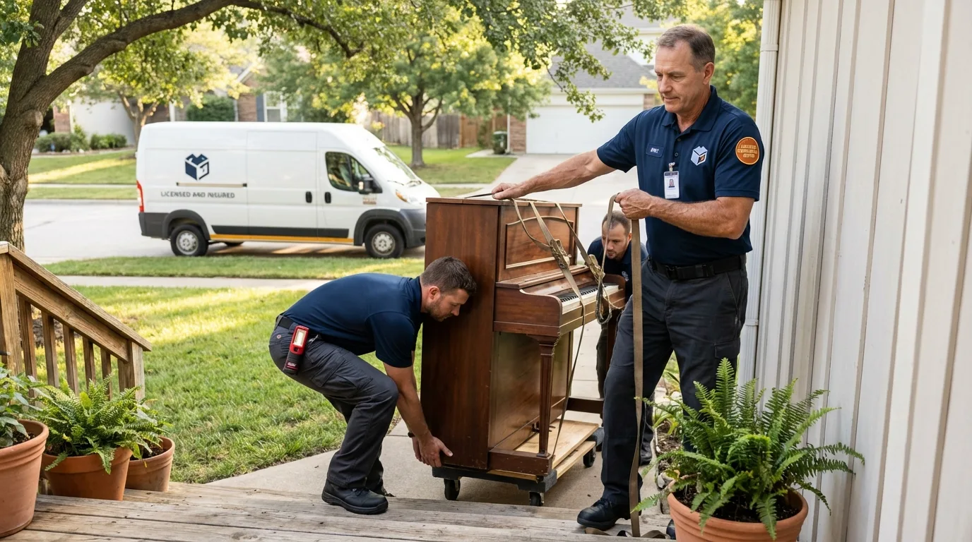 Licensed piano movers securing grand piano in Heavener, OK
