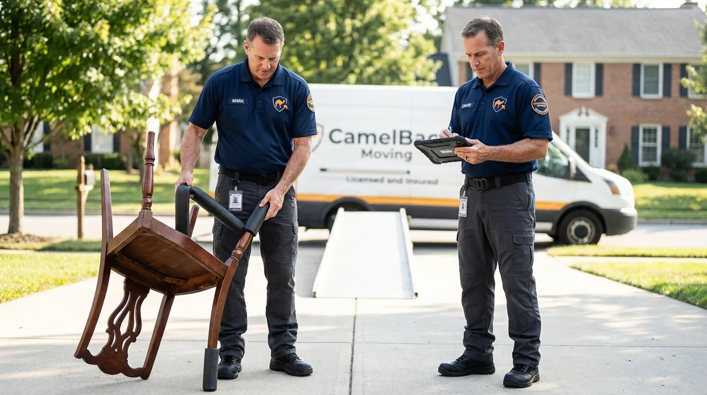 Movers inspecting furniture for damage prevention before loading in Heavener, OK