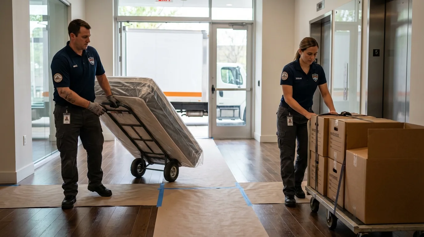 Professional apartment movers loading elevator in Heavener, OK